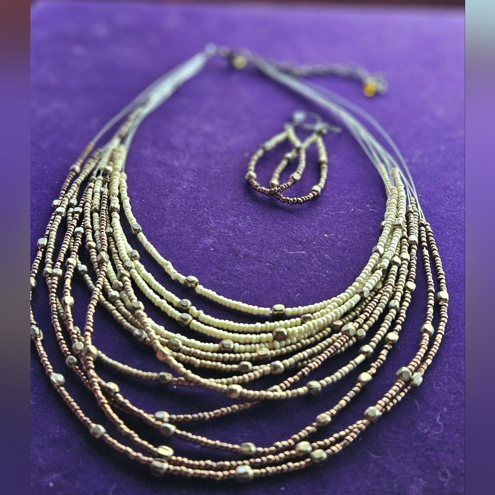 Multi-strand bronze tone beaded necklace and earring set